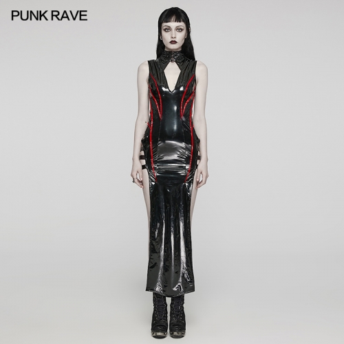 Punk Rave WQ-678LQF Thick Metal Zipper Decoration Glossy Elastic Faux Leather Sexy Punk Slit Dress