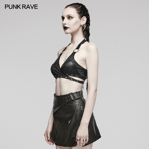 Punk Rave WT-862DDF Halter Neck With Tapes Personalized Texture Large Iron Rings Punk Sexy Halter Neck Top