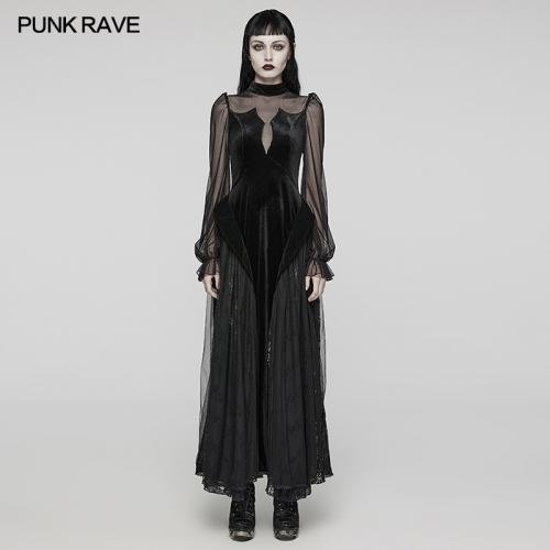 Punk Rave Gothic Lace Lining Organ Edge Goth Lace Dress Elastic Velvet Mesh And Lace