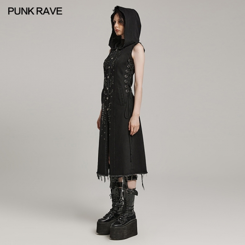 Punk Rave Cool Coat Safety Pins WY-1574MJF Drawstring Combining Front And Back And Fabric Edge Design Punk Decayed Long Vest