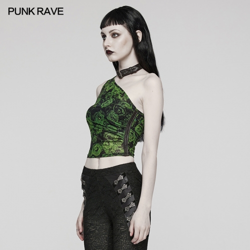 Punk Rave WT-857BXF Asymmetric Off Shoulder Design Printed Mesh Fabric And Rubberized Fabric Sexy Mesh Printed Top