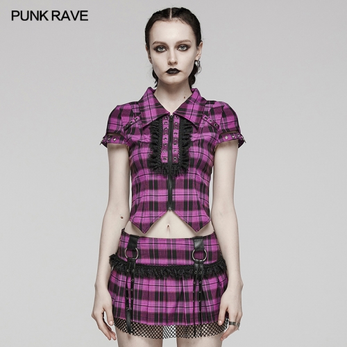 Punk Rave Sweet And Cool Hot Punk Girl Top Lapel Slim Fit And Symmetrical Pointed Hem Pretty Cute Plaid Shirt