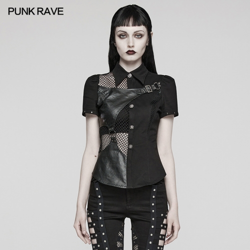 Punk Rave Flat Studded Cuffs Overlap Triangle Piece And Mesh Asymmetric Split Design Punk Asymmetrical Shirt