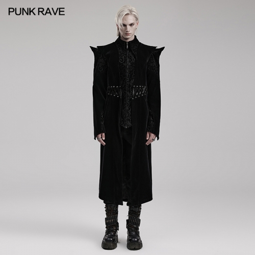 Punk Rave Eyelets And Drawstring Trim At Waist Jacquard Velvet Fabric Goth Mid Length Coat
