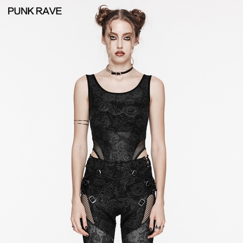 Punk Rave WT-871DQF High Crotch Iamond Mesh Splicing At The Waist For Sexy Punk Daily Bodysuit