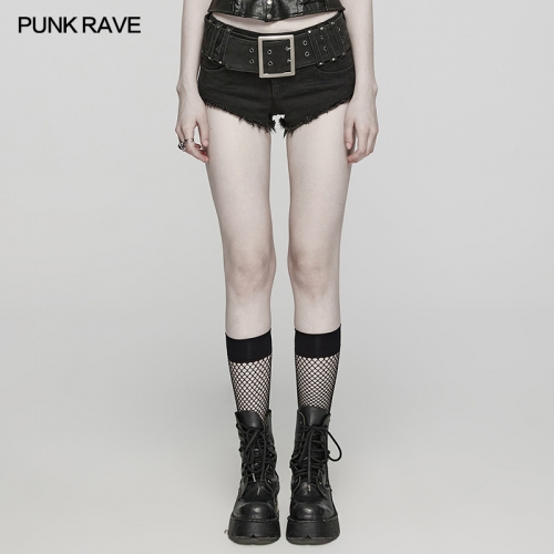 Punk Rave Slim Fit Hot Girl's Pants With Edge Design Punk Denim Shorts Adjustable Metal Japanese Buckle Movable Belt