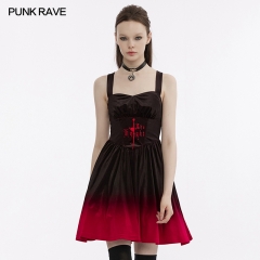 Punk Rave Soft And Comfortable Elastic Velvet Fabric Dark Gothic The Knight Embroidered Slip Dress Color Gradient At Skirt Hem