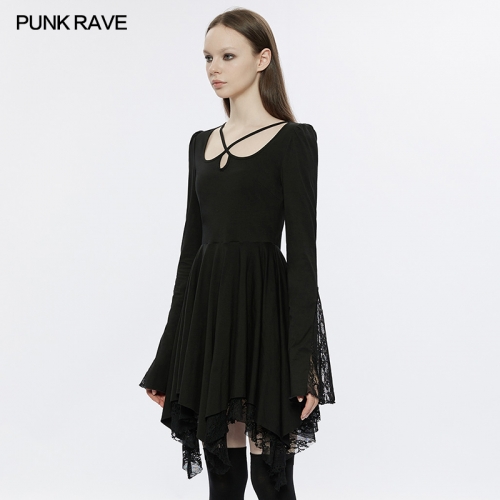 Punk Rave OPQ-1335LQF Water-Drop Shape Gothic Asymmetric Pointed Hem Dress Gothic Flare Sleeve