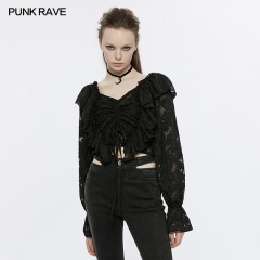 Punk Rave V-Shape Ruffled Neckline Drawstring Ruffled Square Neck Tops Micro-Perspective Textured Chiffon Fabric