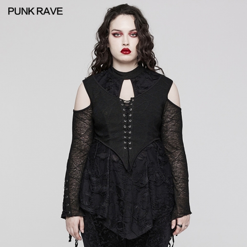 Punk Rave DT-794TCF Drop-Shaped Stand-Up Collar Design Elastic Rose And Texture Knitting Fabric Goth Drop-Neck Daily T-Shirt