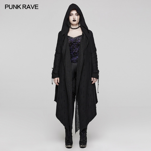 Punk Rave DY-1498ZCF Fully Open Draping Matching Fabric Double Layered Hooded Design Goth Decadent Long Coat