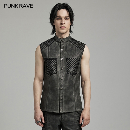 Punk Rave WY-1622CWM A Fitted Vest Silhouette Mesh Patch Pockets Wasteland Men's Sleeveless Shirt