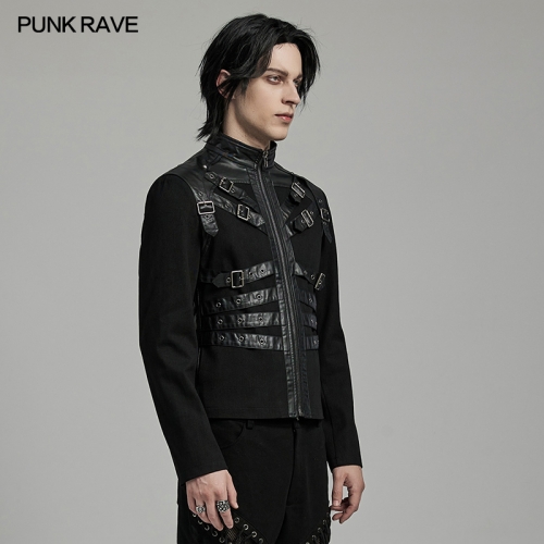 Punk Rave WY-1628XCM Unique Punk Style Eyelet Loop Straps Rubberized Woven Fabric Punk Handsome Coat