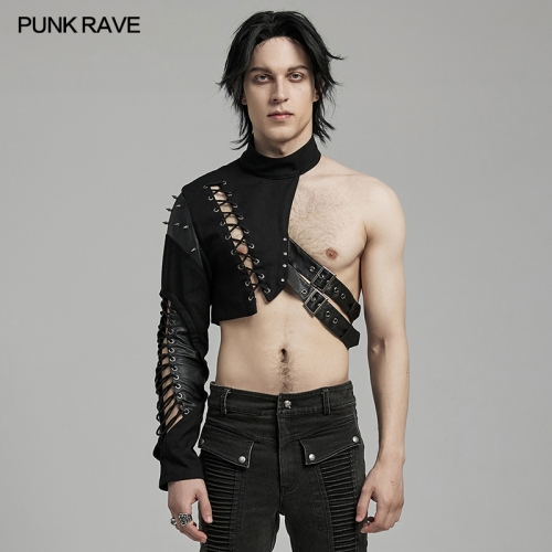 Punk Rave Unrestrained Look Drawstring Design Asymmetric Hollow Out Punk Asymmetric One Arm Harness