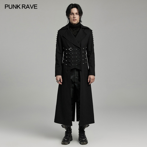 Punk Rave WY-1609XCM Triangle Buckles Spikes Decoration Stand-Up Collar Punk Heavy Industry Visual Long Coat