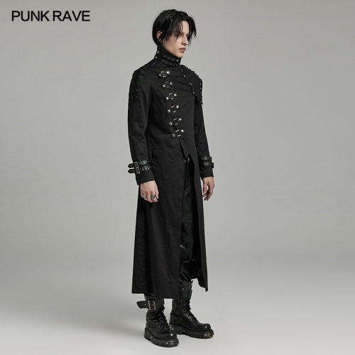Punk Rave High Colar Fine Twill Fabric And Rubberrized Leather Punk Textured Asymmetrical Long Jacket