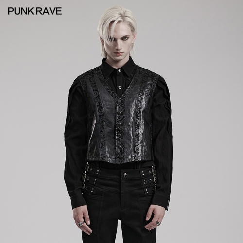 Punk Rave Exquisite Buttons V-Neck Rubberized Suede And Leather Goth Printed Waistcoat