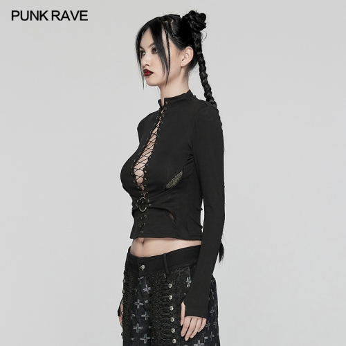 Punk Rave WT-942TCF Handsome Small High-Neck Punk Sexy Drawstring Structure Long Sleeve T-Shirt