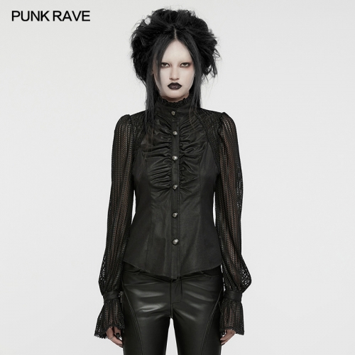 Punk Rave WY-1641CCF Light Woven And Mesh Goth Lantern Sleeves Pleated Visual Shirt