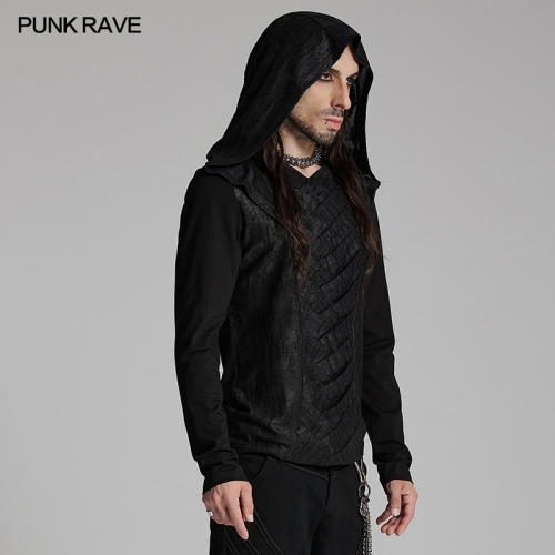Punk Rave WT-937TCM Tattered And Stretch Knitting Dark Hooded Cross Overlapping T-Shirt