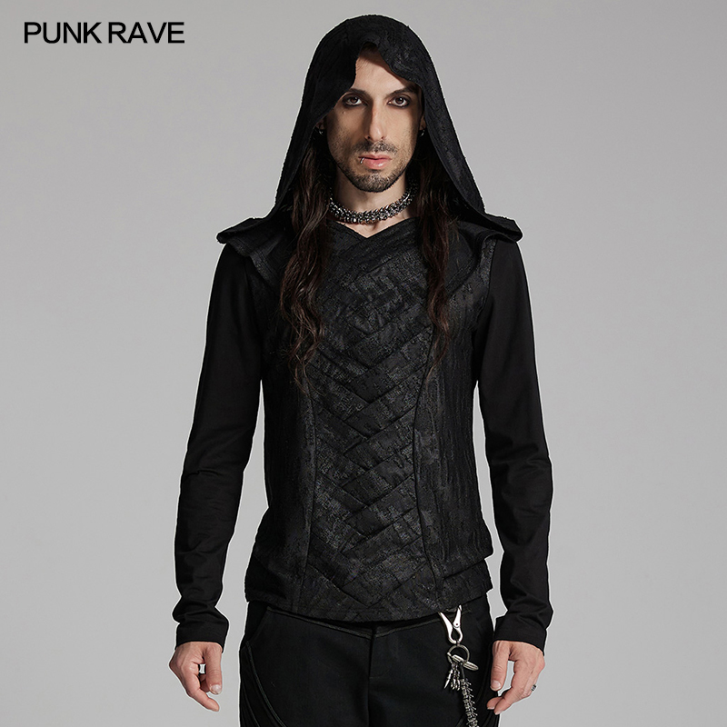 Punk Rave Tattered And Stretch Knitting Dark Hooded Cross Overlapping T ...