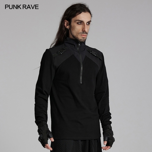 Punk Rave WT-928TCM Windproof Zipped Stand Collar Techwear Style Long Sleeved T-Shirt