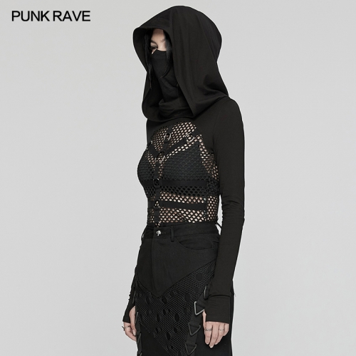 Punk Rave WT-916TCF Cool Ear Hanging Mask-Style High Collar Punk Sexy Hooded T-Shirt