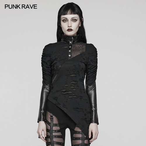 Punk Rave WT-811TCF Asymmetrical Mesh Panels Novel Pleated Collar Design Punk Irregular Slim Tee