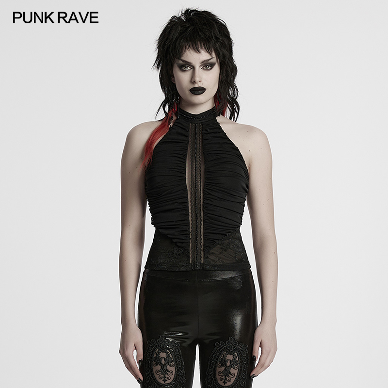Punk Rave Cool And Exquisite Neck Gothic Pleated Halter Neck Top
