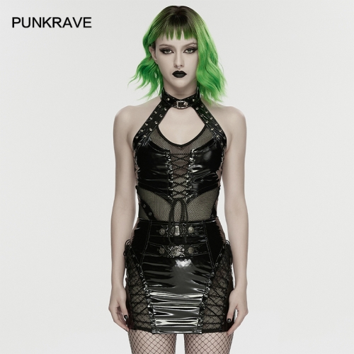 Punk Rave WT-1062BXF Glossy Elastic Patent Leather And Mesh Punk Structured Hollow Vest