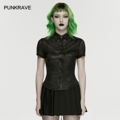 Punk Rave WY-1894CDF Cracked Leather And Mesh Punk Personalized Mesh Shirt