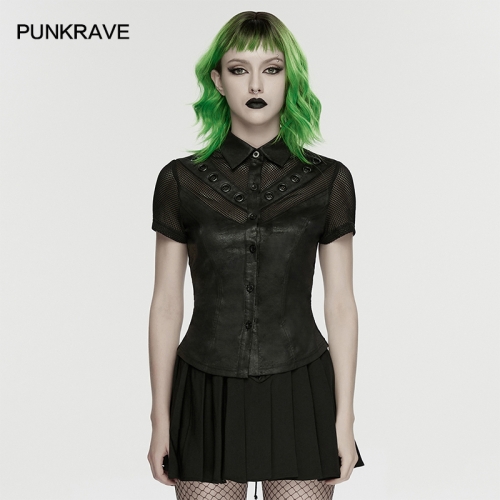 Punk Rave WY-1894CDF Cracked Leather And Mesh Punk Personalized Mesh Shirt