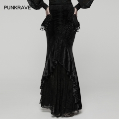Punk Rave WQ-897BQF Stretch Rose Velvet And Lace Goth Gorgeous Fishtail Skirt