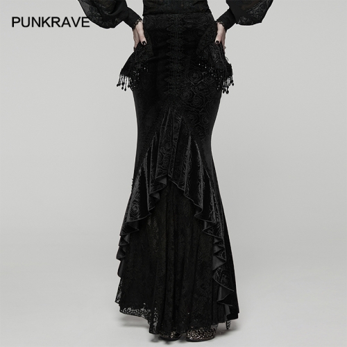 Punk Rave WQ-897BQF Stretch Rose Velvet And Lace Goth Gorgeous Fishtail Skirt