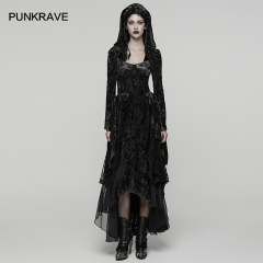 Punk Rave WQ-892LQF Flocking Mesh And Chiffon Tie-Dyed Velvet Gothic Hooded Layered Dress