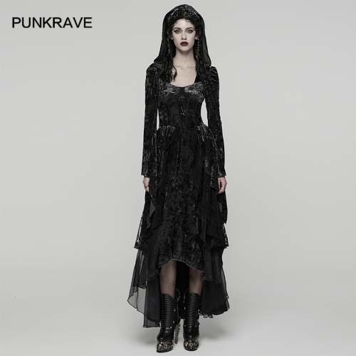 Punk Rave WQ-892LQF Flocking Mesh And Chiffon Tie-Dyed Velvet Gothic Hooded Layered Dress