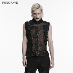 Punk Rave WY-1934MJM Honeycomb Thick Mesh And Regular Mesh Punk Asymmetrical Fake Two-Piece Vest