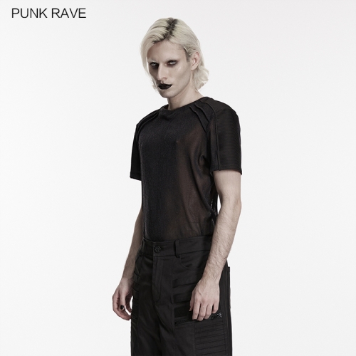 Punk Rave WT-1117TDM Perspective Mesh And Pit Strip Knitted Fabric Punk Perspective T-Shirt