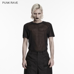Punk Rave WT-1117TDM Perspective Mesh And Pit Strip Knitted Fabric Punk Perspective T-Shirt