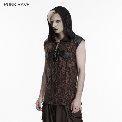 Punk Rave WT-1106BXM Glossy Rubberized Leather And Mesh Punk Leopard Print T-Shirt