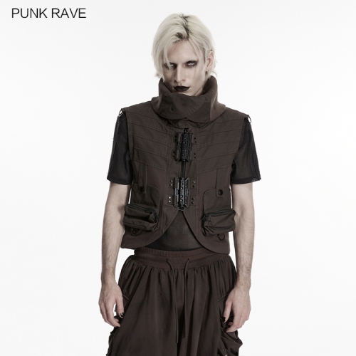 Punk Rave WY-1929MJM Foldable Stand Up Collar+Sleeveless Punk Heavy-Duty Distressed Vest