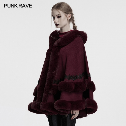 Punk Rave Gothic Fur Cloak Hoodie Sweater Knit Coat OM-092HMF-RD