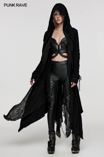 Punk Rave DY-1498ZCF Fully Open Draping Matching Fabric Double Layered Hooded Design Goth Decadent Long Coat