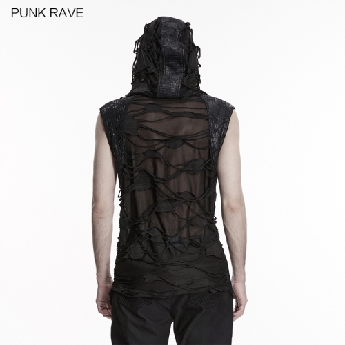 Punk Rave WT-1107BXM Irregular Misalignment Of Eyelet Straps Wasteland Hooded Tattered Vest