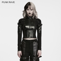 Punk Rave WT-1121TCF Half-Open Zipper Stand Collar Design Short Fitted Cut Punk Dark Functional Crop Top