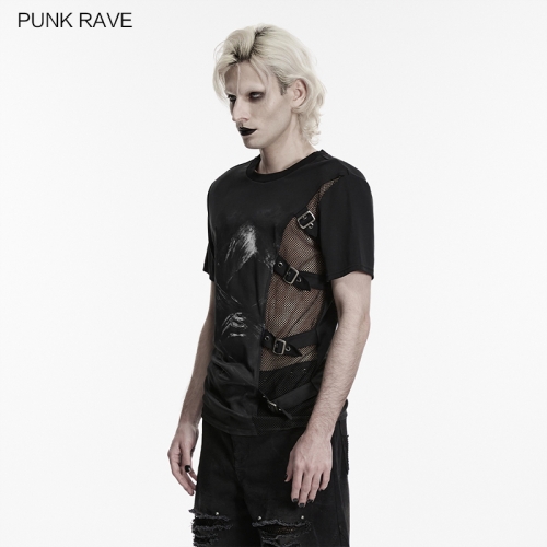 Punk Rave WT-1104TDM Elastic Knitted Fabric And Mesh Punk Printed T-Shirt