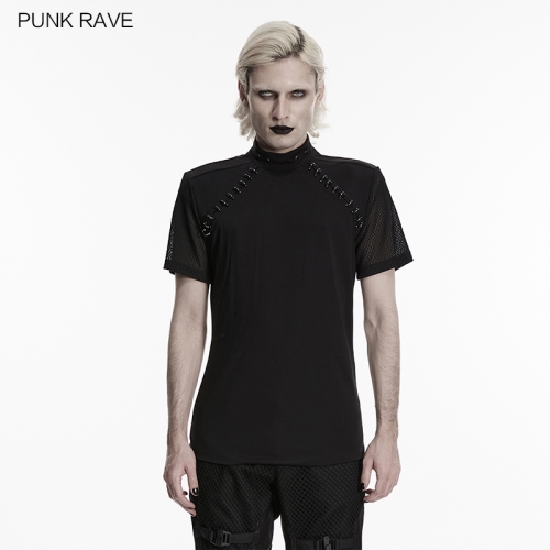 Punk Rave WT-1098TDM Soft Knitted Fabric And Mesh Dark Punk T-Shirt