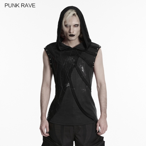 Punk Rave WT-1093BXM Dark And Mystery Sleeveless Punk Printed Hooded T-Shirt