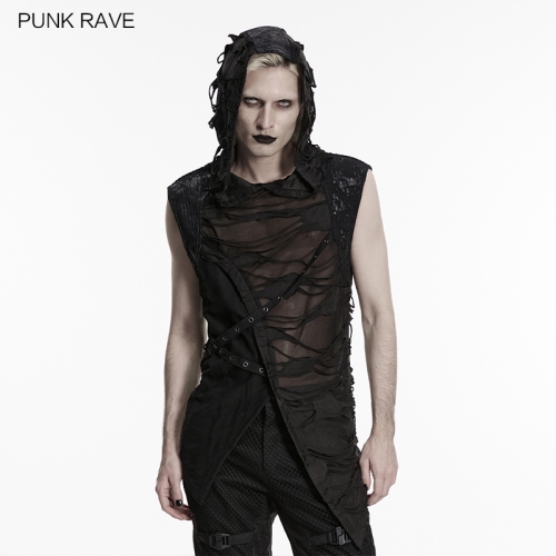 Punk Rave WT-1107BXM Irregular Misalignment Of Eyelet Straps Wasteland Hooded Tattered Vest