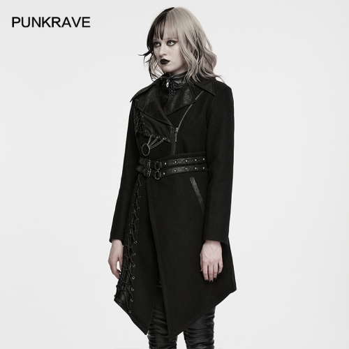 Punk Rave WY-1973XCF Strap Design Plush Lining For Warmth Punk Asymmetrical Jacket